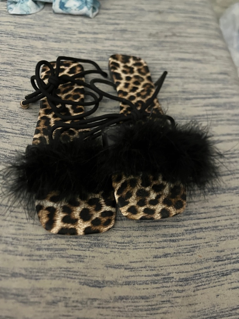 SHEIN Leopard Print Fur Strap Lace-Up Sandals - Black, Brown
